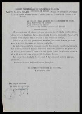 "Sparo d'arma contro l'abitazione del Comandante Germanico di Pesaro" - 1943