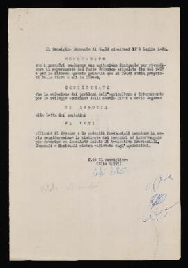 "Ordine del giorno Comune di Cagli" - 1961