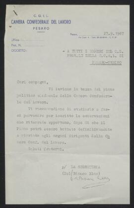 "Bozza del piano politico sindacale della Camera confederale del lavoro di Pesaro e Urbino - 1967