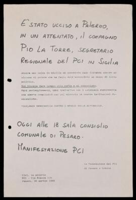 "E' stato ucciso a Palermo in un attentato il compagno Pio La Torre" - 1982