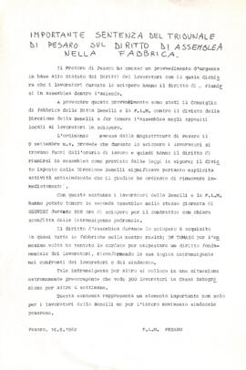 "Importante sentenza del Tribunale di Pesaro sul diritto di assemblea nella fabbrica" - 1982