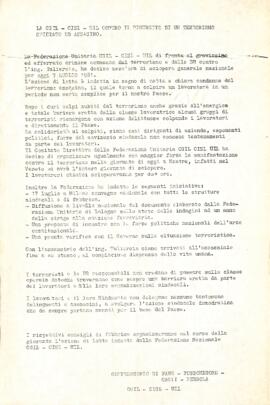 "Cgil Cisl e Uil contro il rigurgito di un terrorismo spietato e assassino" -