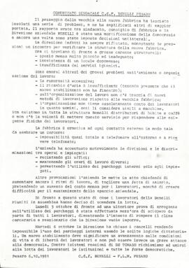 "Comunicato sindacale C.d.F. Benelli Pesaro" - 1981