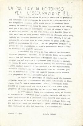 "La politica di De Tomaso per l'occupazione!!!" - 1982