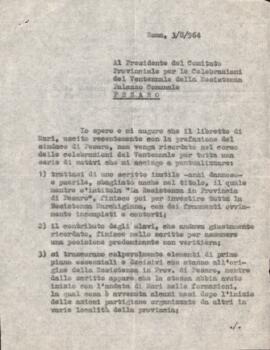 [Lettera di Egisto Cappellini al Presidente del Comitato Provinciale per le Celebrazioni del ventennale della Resistenza]