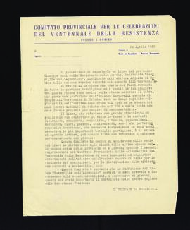 [Lettera di presentazione del libro Guerriglia sull'Appennino redatta dal Comitato di presidenza del Comitato provinciale di Pesaro e Urbino per le celebrazioni del ventennale della Resistenza]