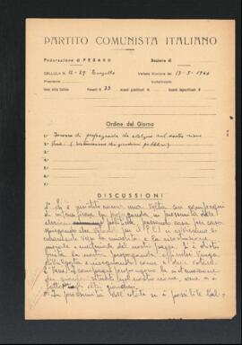 Verbale della riunione del 13 maggio 1946 delle Cellule numero 12 e 29 della Sezione di Fano del Partito comunista italiano - PCI