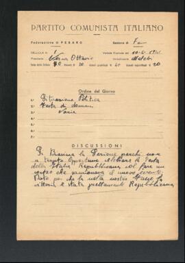 Verbale della riunione del 10 giugno 1946 della Cellula numero 1 della Sezione di Fano del Partito comunista italiano - PCI