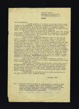 [Lettera di Giuseppe Mari sulla pubblicazione del suo Iibro I piccoli contrabbandieri della costa]