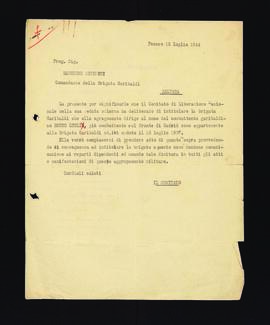 [Lettera del CLN di Pesaro relativa all'intitolazione della Brigata Garibaldi a Bruno Lugli]