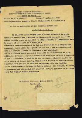 [Lettera di Oreste Izzo sull'occupazione di caserme e il disarmo di distaccamenti di carabinieri]