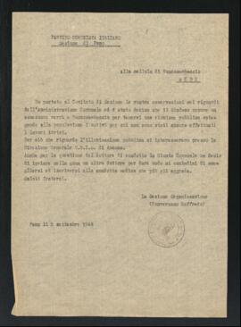 Lettera della Sezione Organizzazione della Sezione di Fano del Partito comunista italiano - PCI per la Cellula di Roncosambaccio