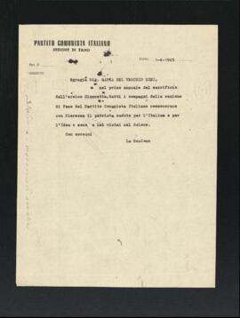 Lettera della Sezione di Fano del Partito comunista italiano - PCI a Maria Del Vecchio Dini