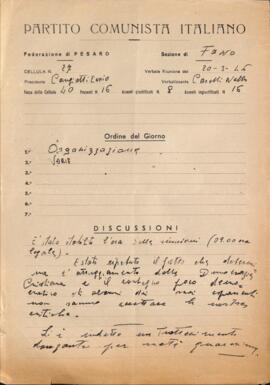 Verbale della riunione del 20 marzo 1946 della Cellula numero 27 della Sezione di Fano del Partito comunista italiano - PCI
