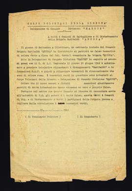 [Lettera del commissario politico e del comandante della Delegazione di Comando della Divisione Marche sul rilascio ai partigiani di tesserini di riconoscimento]