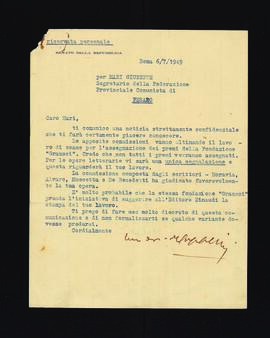 [Lettera sulla possibile segnalazione e stampa di un'opera di Giuseppe Mari nell'ambito di un premio letterario]