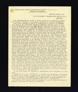[Lettera di Silvio Battistini sulla consegna alla madre del partigiano Wassili Niestarol di una tessera in sua memoria]