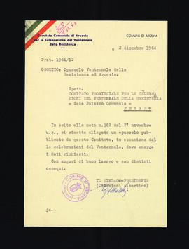 [Lettera di trasmissione di un opuscolo sulla Resistenza ad Arcevia inviata da Albertino Ottaviani]