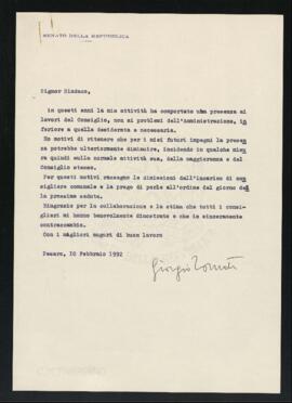 Lettera di dimissioni di Giorgio Tornati dall'incarico di consigliere comunale del Comune di Pesaro