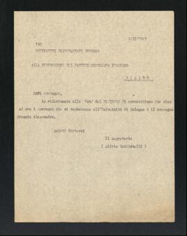 Lettera del Segretario della Sezione di Fano del Partito comunista italiano - PCI per la Federazione del PCI di Pesaro e Urbino