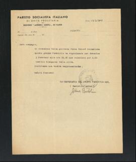 Lettera della Sezione Andrea Costa di Fano del Partito socialista di unità proletaria - PSIUP