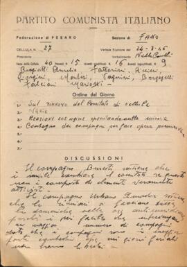 Verbale della riunione del 24 marzo 1946 della Cellula numero 27 della Sezione di Fano del Partito comunista italiano - PCI