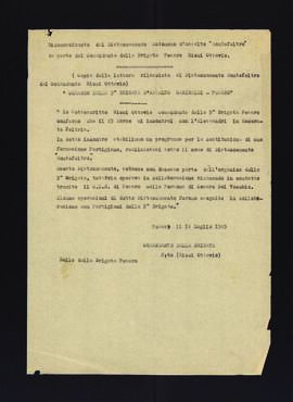 "Riconoscimento del Distaccamento Autonomo d'Assalto Montefeltro da parte del Comandante della Brigata Pesaro Ricci Ottavio"