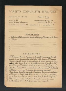 Verbale della riunione del 28 ottobre 1946 della Cellula numero 32 della Sezione di Fano del Partito comunista italiano - PCI
