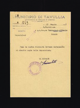 [Lettera di trasmissione di deposizioni inviata dal sindaco di Tavullia]
