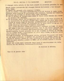 Verbale della riunione del 25 gennaio 1949 della Cellula di Tre Ponti della Sezione di Fano del Partito comunista italiano - PCI