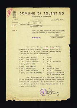 [Lettera del sindaco di Tolentino sulla composizione del locale CLN]