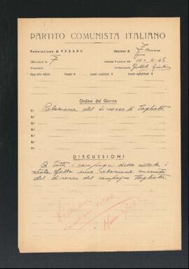 Verbale della riunione del 10 maggio 1946 della Cellula numero 7 della Sezione di Fano del Partito comunista italiano - PCI