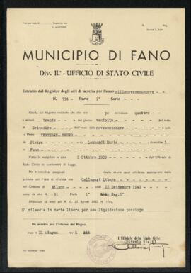 Estratto dal Registro degli atti di nascita per l'anno millenovecentonove